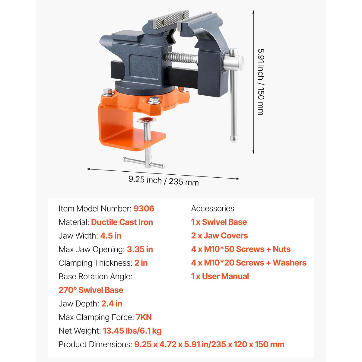 Bench Vise, 4.5 Inch, Portable Workbench Vice with 270° Swivel Base, Quick Release Rotating Bench Clamp, Cast Iron Construction, for Woodworking, Metalworking, Drilling, Sawing, Cutting Conduit