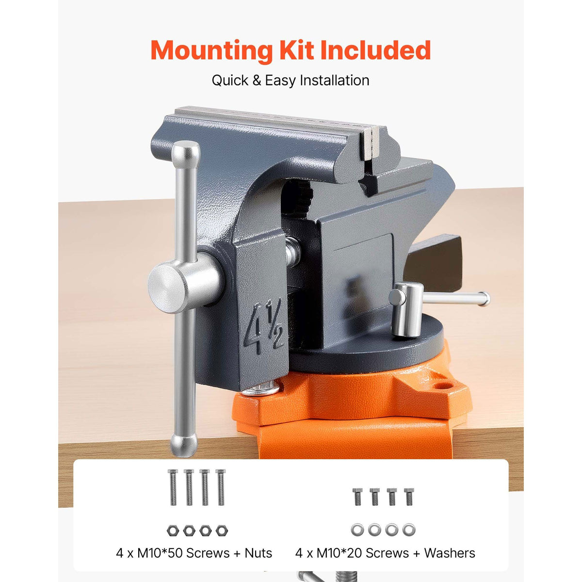 Bench Vise, 4.5 Inch, Portable Workbench Vice with 270° Swivel Base, Quick Release Rotating Bench Clamp, Cast Iron Construction, for Woodworking, Metalworking, Drilling, Sawing, Cutting Conduit