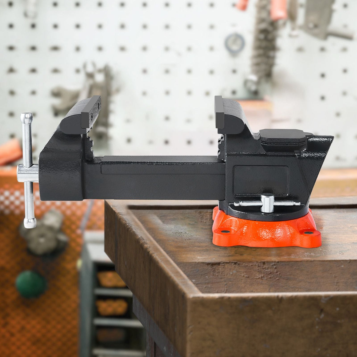 Bench Vise, 5" Jaw Width, 5" Max Jaw Opening Multipurpose Vise with 360° Swivel Locking Base, 2.8" Throat Depth, Heavy Duty Ductile Iron Workbench Vise with Anvil, for Clamping Round Pipes