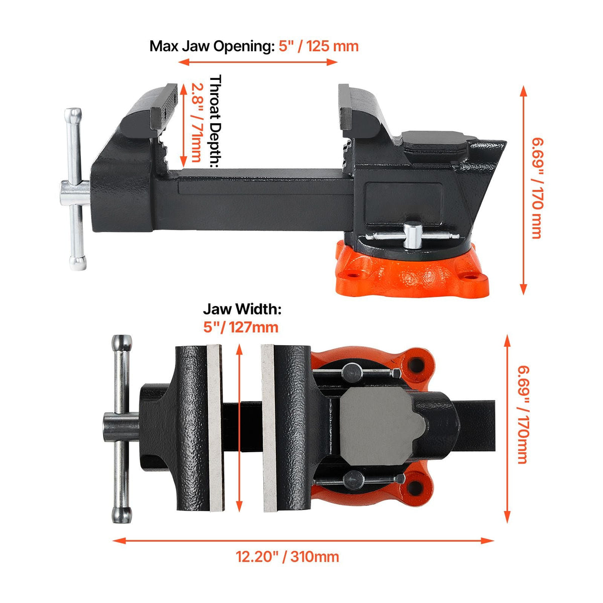 Bench Vise, 5" Jaw Width, 5" Max Jaw Opening Multipurpose Vise with 360° Swivel Locking Base, 2.8" Throat Depth, Heavy Duty Ductile Iron Workbench Vise with Anvil, for Clamping Round Pipes