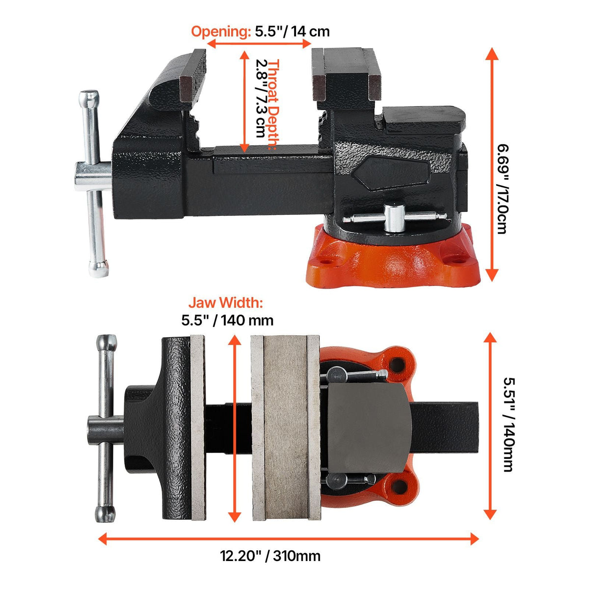 Bench Vise, 5.5" Jaw Width, 5.5" Max Jaw Opening Multipurpose Vise with 360° Swivel Locking Base, 2.8" Throat Depth, Heavy Duty Ductile Iron Workbench Vise, Two-Way Jaws for Clamping Round Pipes
