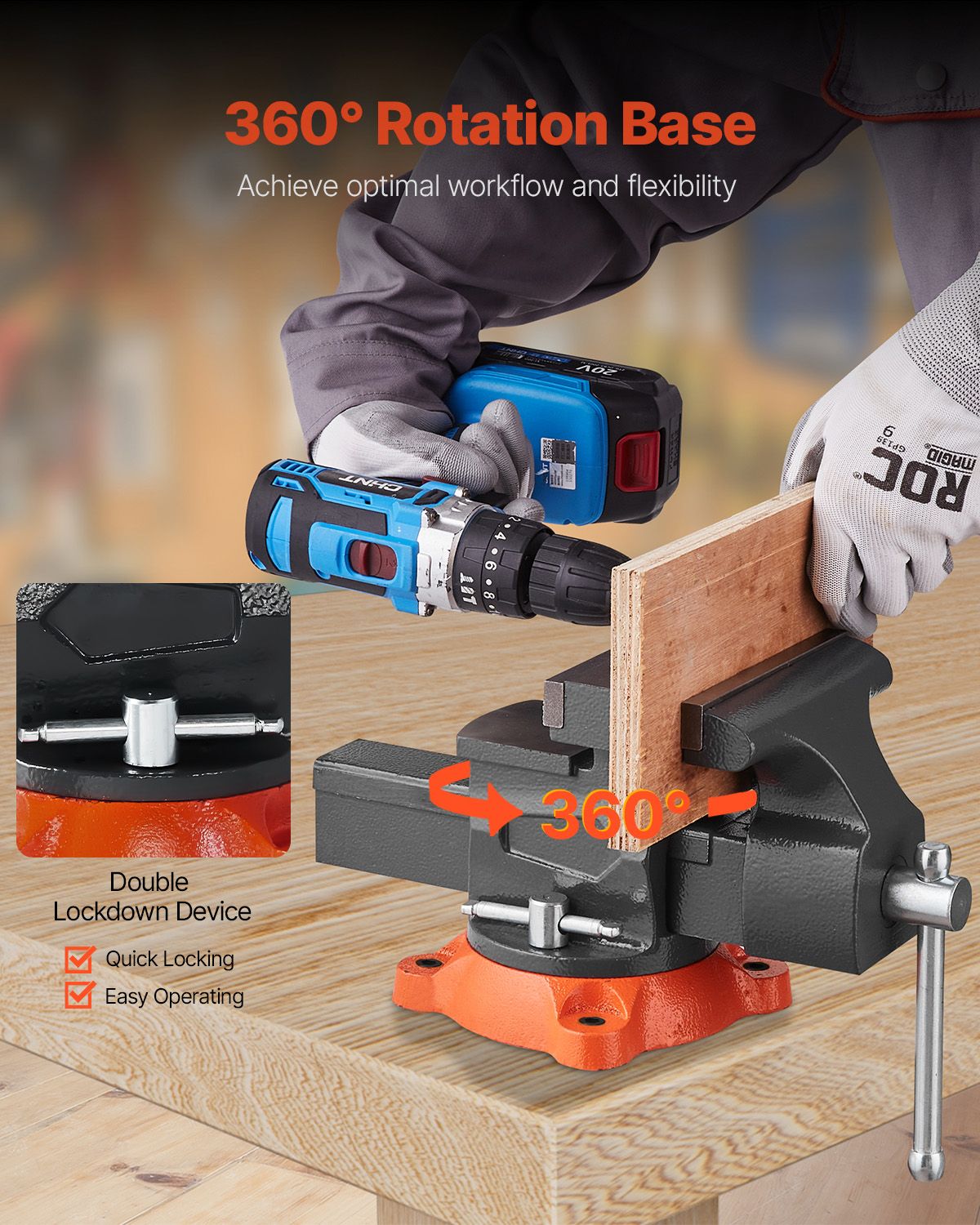 Bench Vise, 5.5" Jaw Width, 5.5" Max Jaw Opening Multipurpose Vise with 360° Swivel Locking Base, 2.8" Throat Depth, Heavy Duty Ductile Iron Workbench Vise, Two-Way Jaws for Clamping Round Pipes