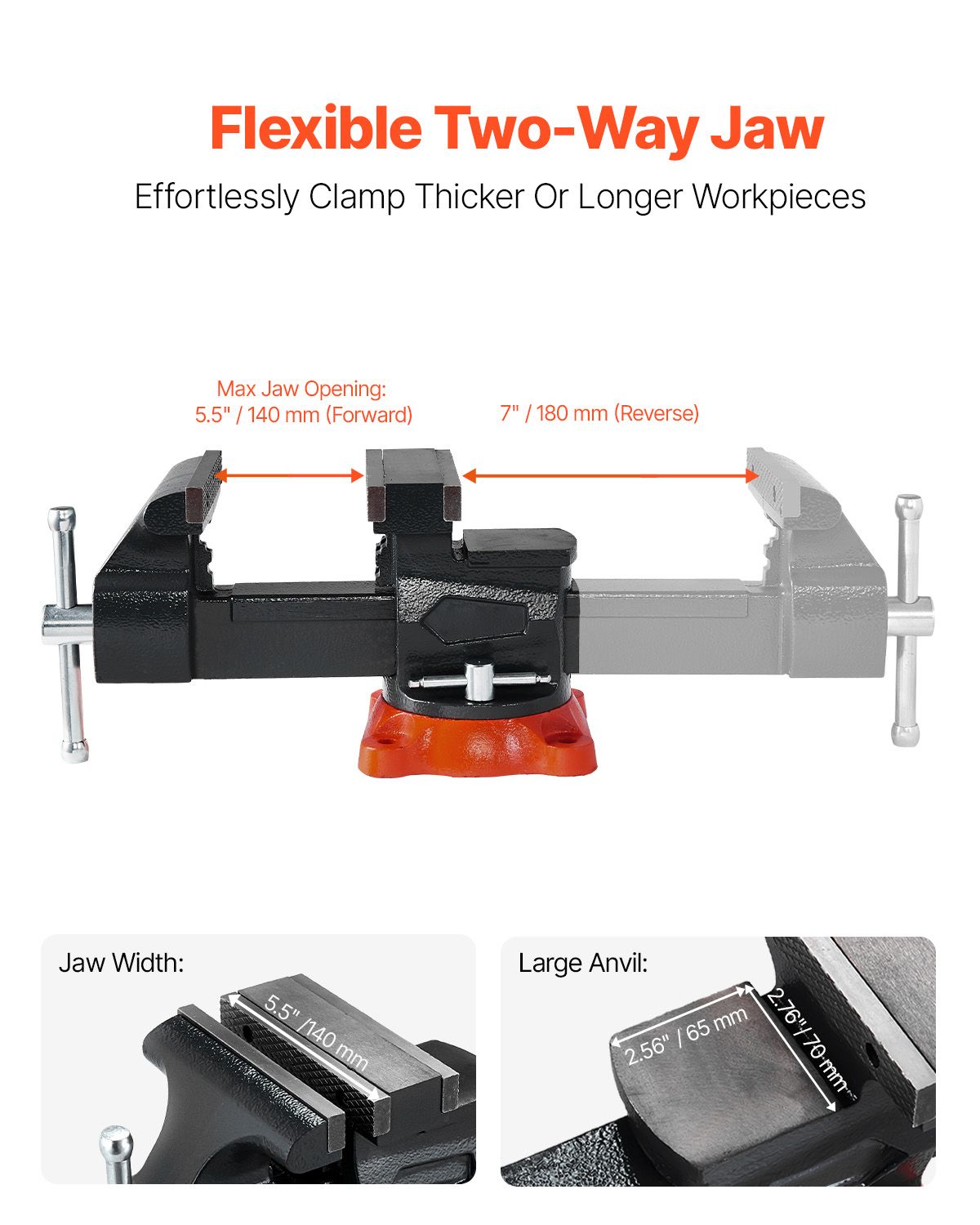Bench Vise, 5.5" Jaw Width, 5.5" Max Jaw Opening Multipurpose Vise with 360° Swivel Locking Base, 2.8" Throat Depth, Heavy Duty Ductile Iron Workbench Vise, Two-Way Jaws for Clamping Round Pipes
