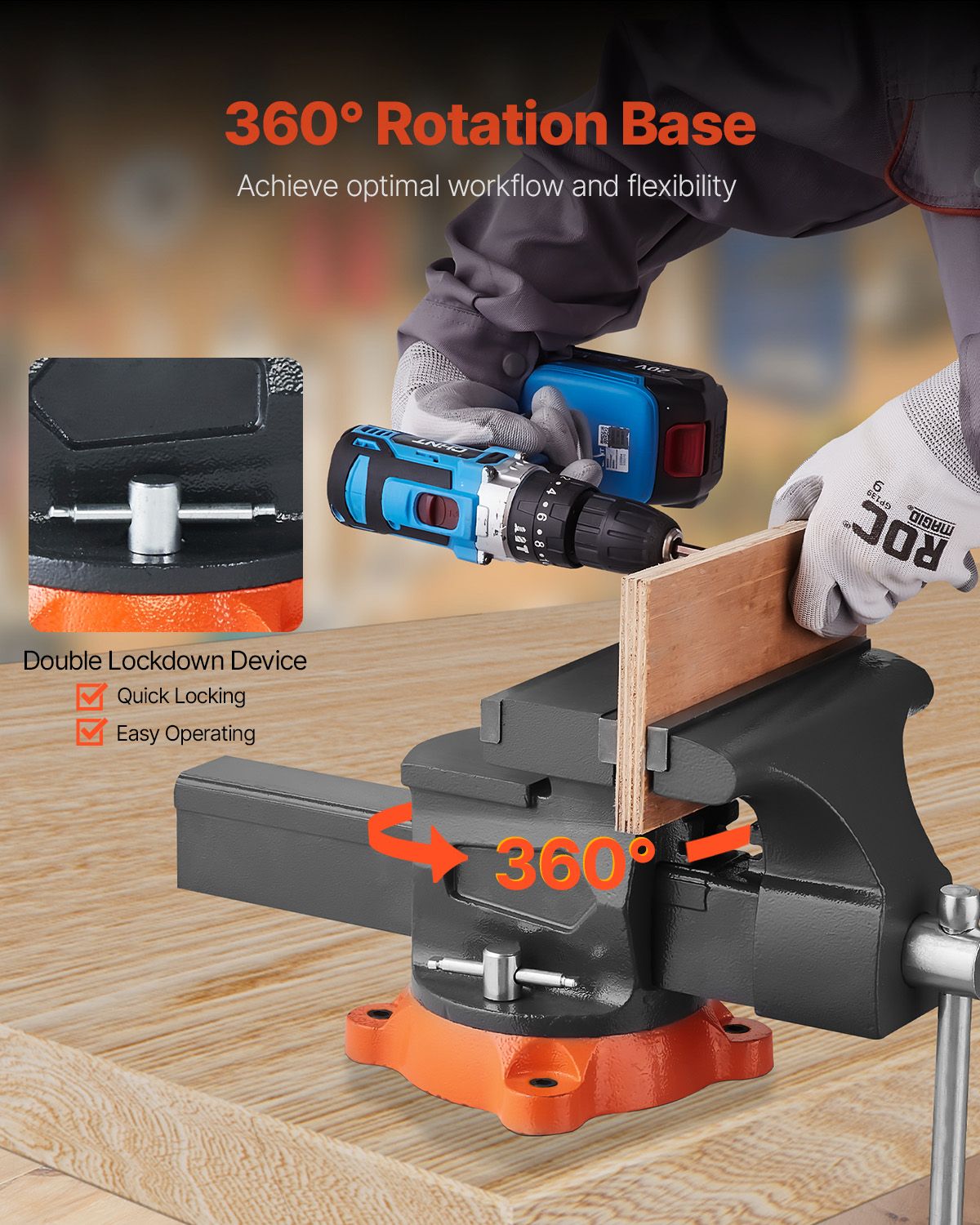 Bench Vise, 8" Jaw Width, 8" Max Jaw Opening Multipurpose Vise with 360° Swivel Locking Base, 3.7" Throat Depth, Heavy Duty Ductile Iron Workbench Vise, Two-Way Jaws for Clamping Round Pipes