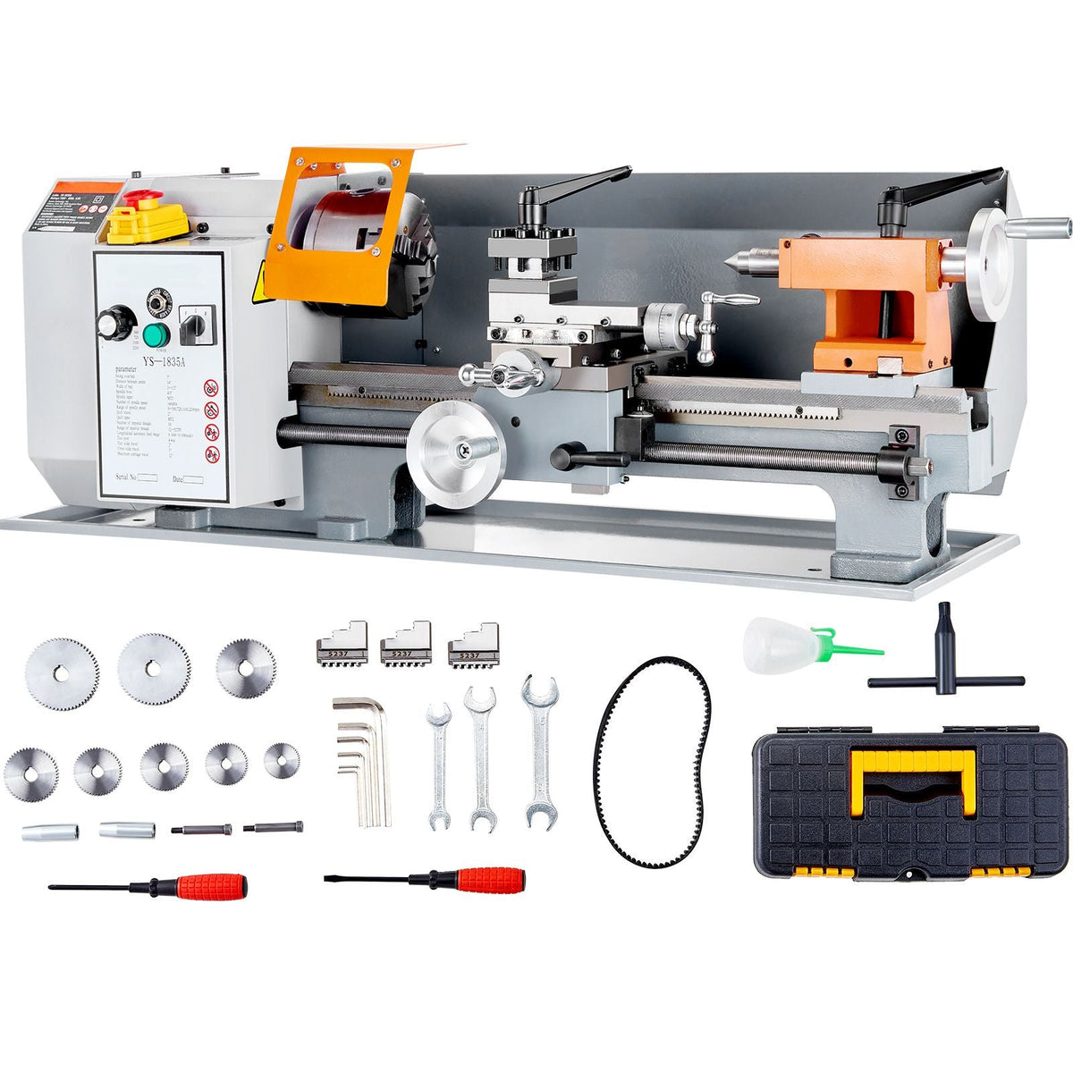 Benchtop Metal Lathe, 7'' x 13.78'', offers precise metalworking with a 0-2200 RPM variable speed, powered by a 500W brush motor and durable metal gears. Includes a tool box for precise part
