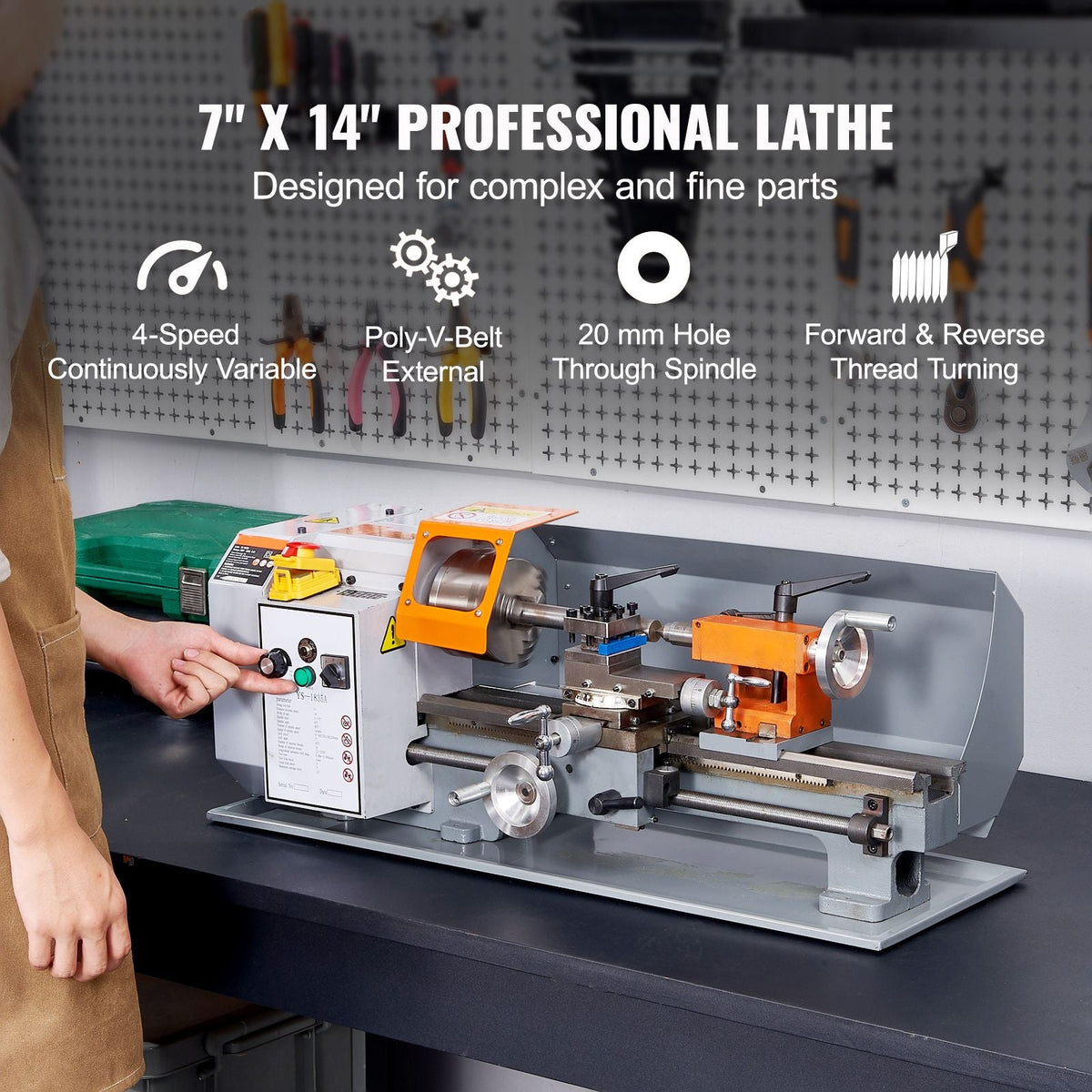 Benchtop Metal Lathe, 7'' x 13.78'', offers precise metalworking with a 0-2200 RPM variable speed, powered by a 500W brush motor and durable metal gears. Includes a tool box for precise part