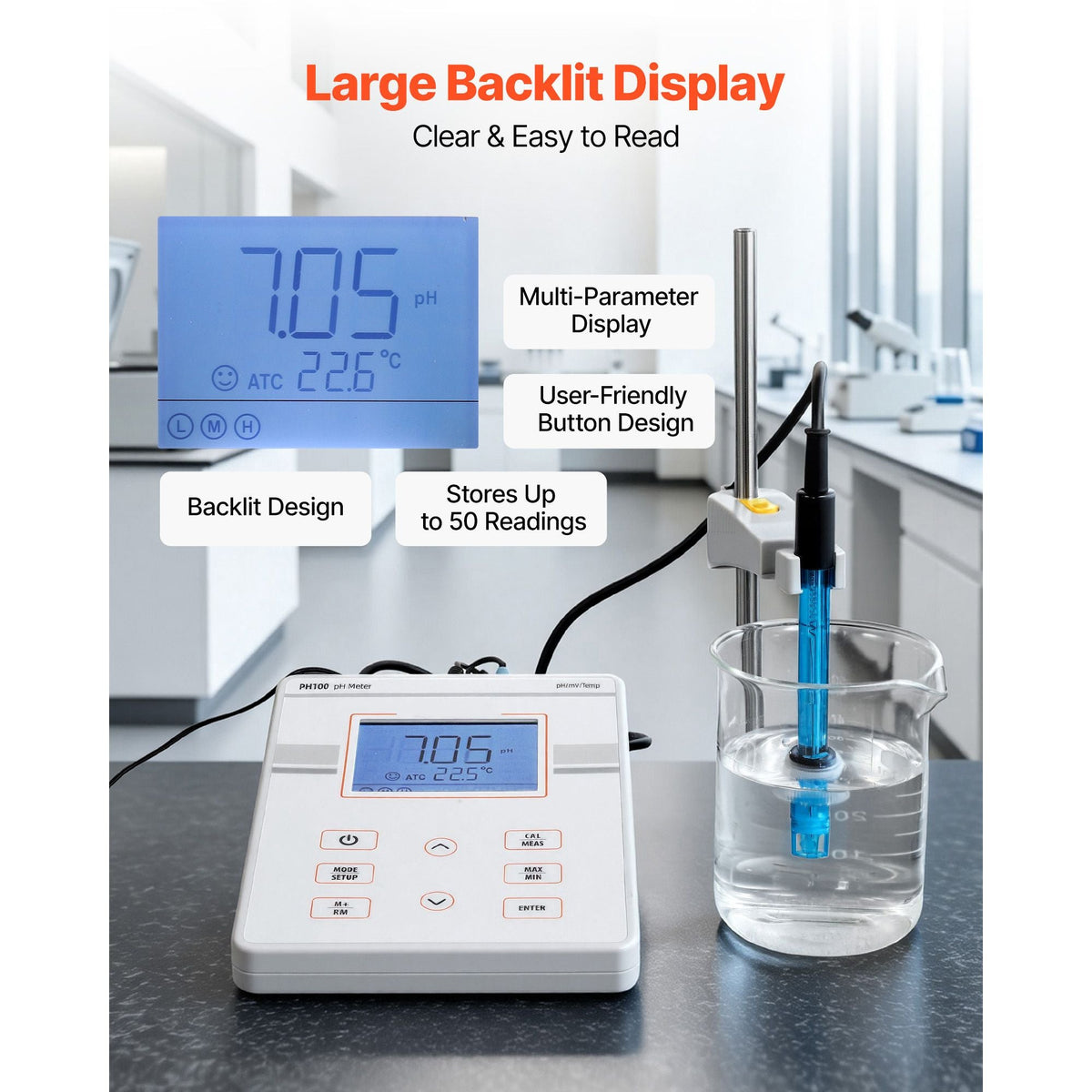 Benchtop pH Meter, 0-14 pH Range, Laboratory Tester Kit with Large Backlit Display, Calibration Solutions, Power Adapter, Stores Up to 50 Readings, for Temperature and Water Quality Testing