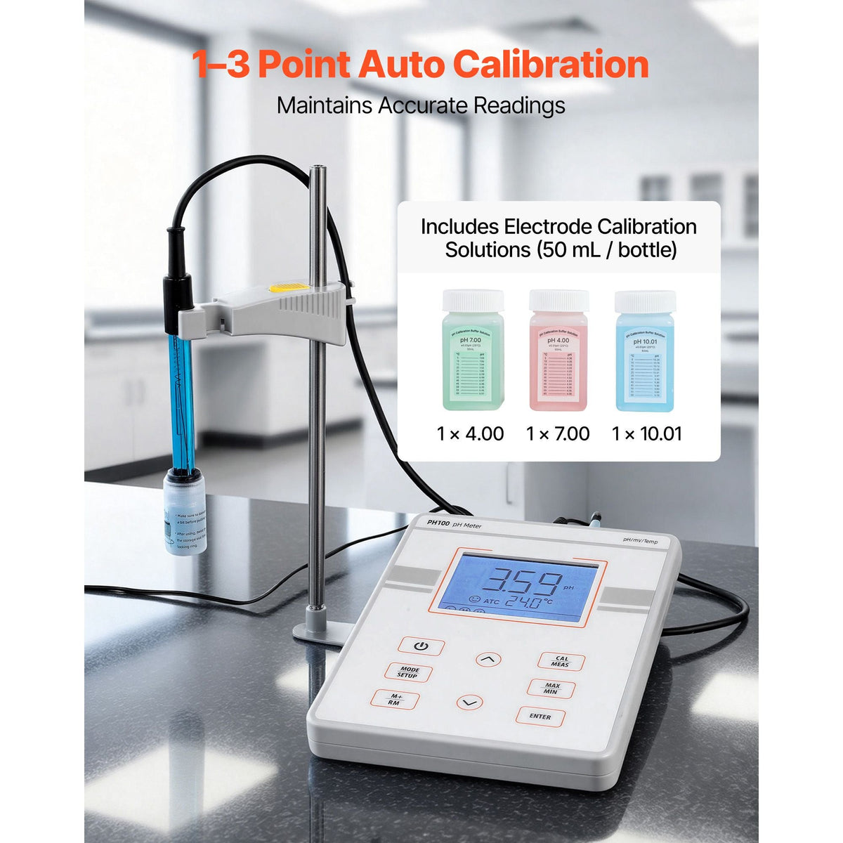 Benchtop pH Meter, 0-14 pH Range, Laboratory Tester Kit with Large Backlit Display, Calibration Solutions, Power Adapter, Stores Up to 50 Readings, for Temperature and Water Quality Testing