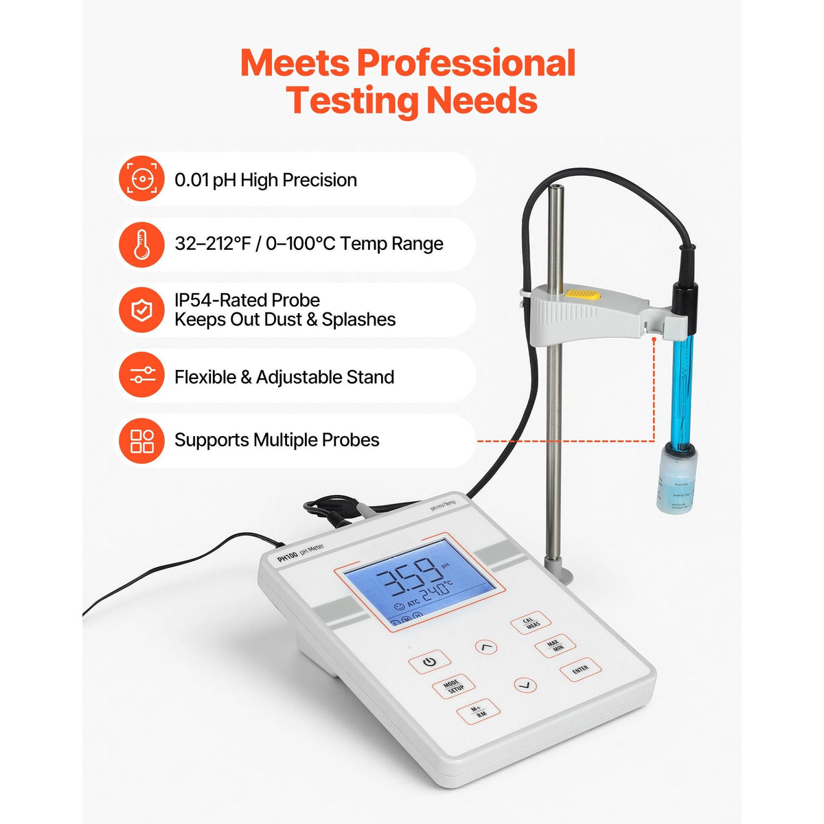 Benchtop pH Meter, 0-14 pH Range, Laboratory Tester Kit with Large Backlit Display, Calibration Solutions, Power Adapter, Stores Up to 50 Readings, for Temperature and Water Quality Testing