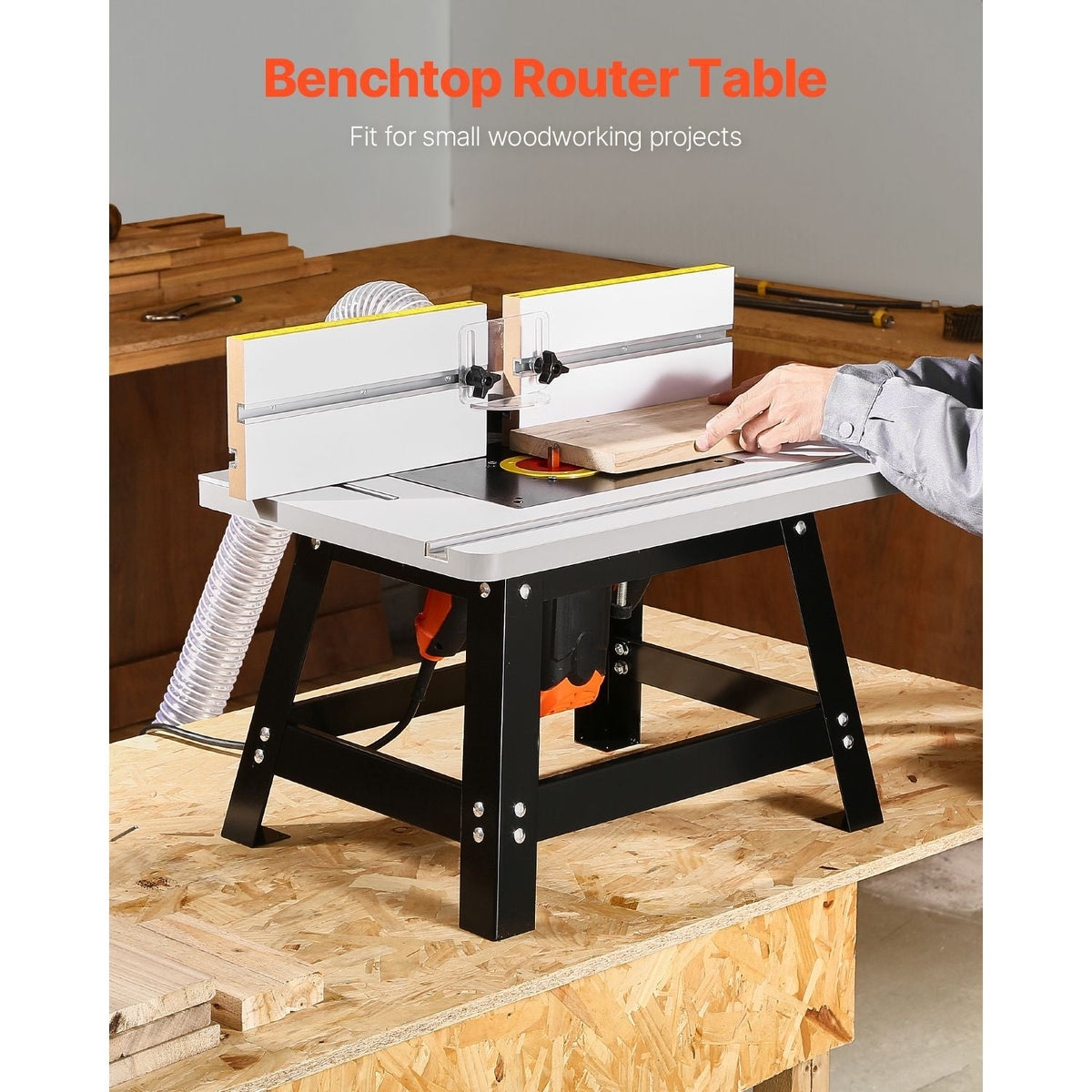 Benchtop Router Table, 24 in x 15.7 in, Bench Top Routing Table with Adjustable Fence, MDF Top, Sturdy Metal Base, 2-1/2 in Dust Collection Port, Compatible with Routes & Various Drill Bits
