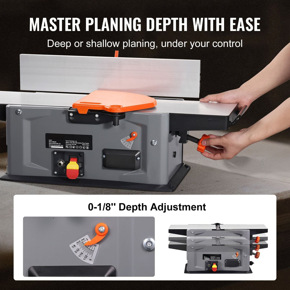 Benchtop Spiral Jointer, 8-Inch, 2HP with 10000 RPM, Featuring an 18-Blade Spiral Cutterhead, Extendable Arm to 6.5'', and a 8x42.3'' Worktable with 0-1/8'' Depth Adjustment for Woodcraft