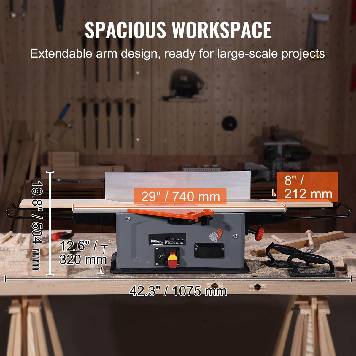 Benchtop Spiral Jointer, 8-Inch, 2HP with 10000 RPM, Featuring an 18-Blade Spiral Cutterhead, Extendable Arm to 6.5'', and a 8x42.3'' Worktable with 0-1/8'' Depth Adjustment for Woodcraft