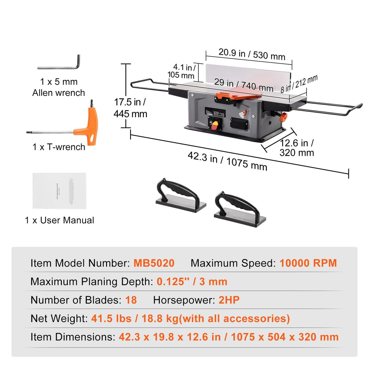 Benchtop Spiral Jointer, 8-Inch, 2HP with 10000 RPM, Featuring an 18-Blade Spiral Cutterhead, Extendable Arm to 6.5'', and a 8x42.3'' Worktable with 0-1/8'' Depth Adjustment for Woodcraft