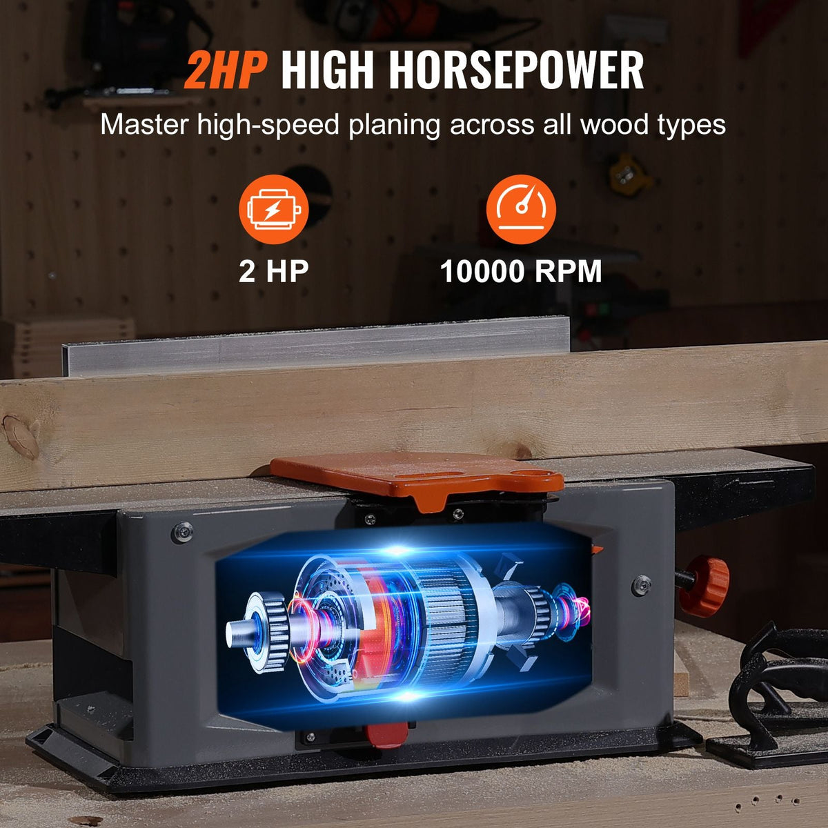 Benchtop Spiral Jointer, 8-Inch, 2HP with 10000 RPM, Featuring an 18-Blade Spiral Cutterhead, Extendable Arm to 6.5'', and a 8x42.3'' Worktable with 0-1/8'' Depth Adjustment for Woodcraft