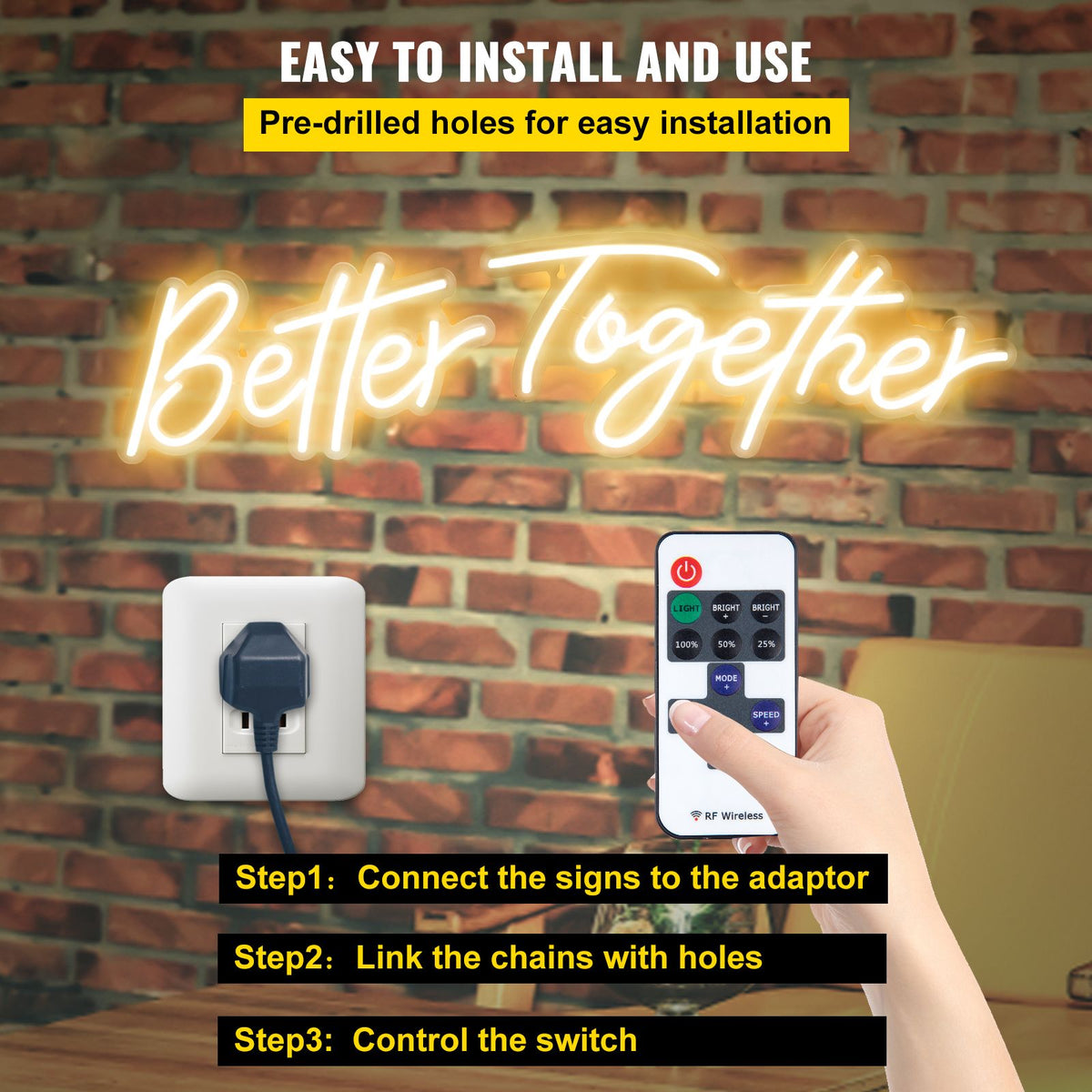 Better Together Neon Sign, 13" x 7" +18" x 8" Warm White LED lights Sign, Adjustable Brightness with Remote Control, Used for Home, Party, Wedding, and Bar Decoration (Power Adapter Included