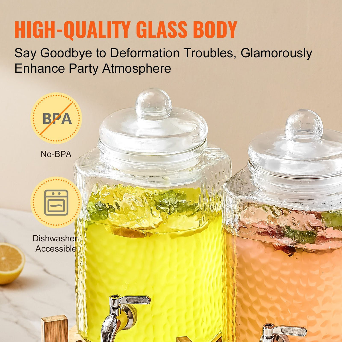 Beverage Dispenser, 1.5 Gallon Drink Dispensers for Parties,2PC,Glass Juice Dispenser with Stand, Stainless Steel Spigot, Iced Tea Lemonade Juice Water Dispenser, for Restaurants, Hotels, Partie
