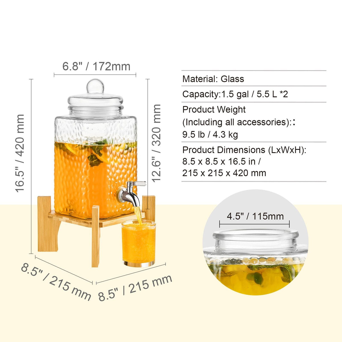 Beverage Dispenser, 1.5 Gallon Drink Dispensers for Parties,2PC,Glass Juice Dispenser with Stand, Stainless Steel Spigot, Iced Tea Lemonade Juice Water Dispenser, for Restaurants, Hotels, Partie
