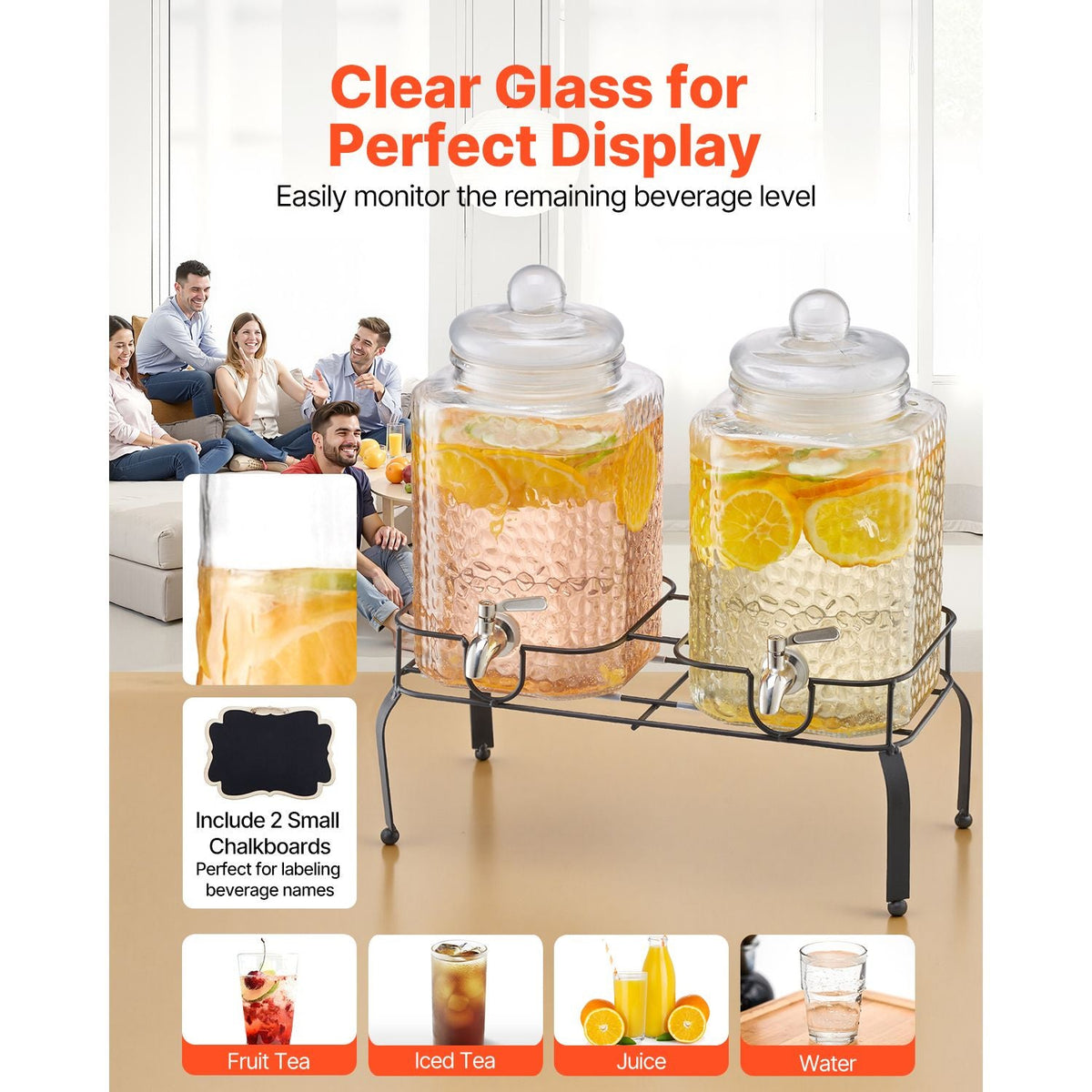 Beverage Dispenser, 2 Pack 1.5 Gallon Drink Dispensers for Parties, Glass Juice Dispenser with Metal Stand, Stainless Steel Spigot, Iced Tea Lemonade Juice Water Dispensers for Parties