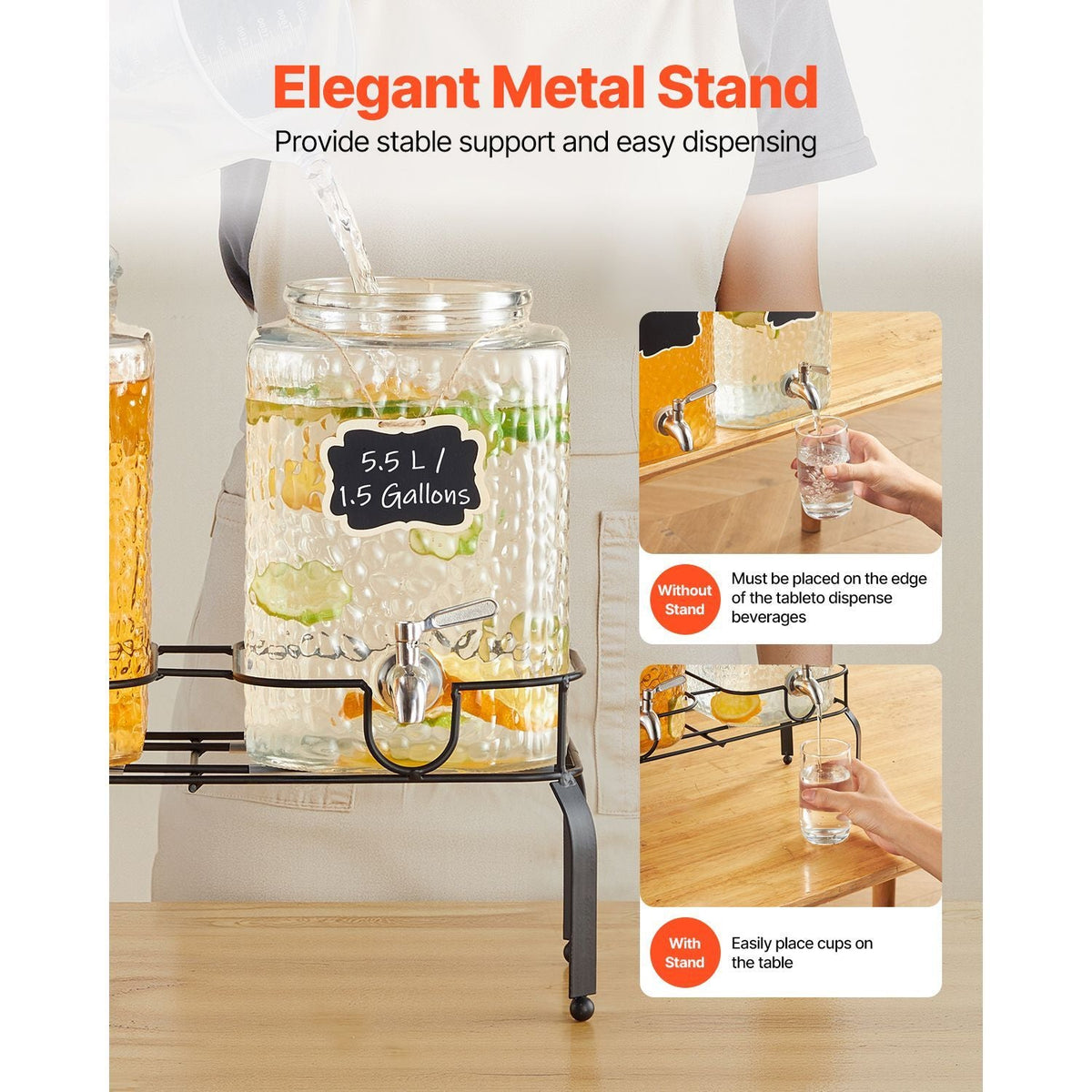 Beverage Dispenser, 2 Pack 1.5 Gallon Drink Dispensers for Parties, Glass Juice Dispenser with Metal Stand, Stainless Steel Spigot, Iced Tea Lemonade Juice Water Dispensers for Parties