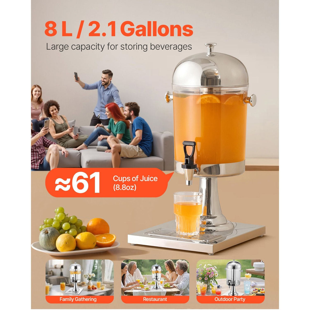 Beverage Dispenser, 2.1 Gallon Drink Dispenser for Parties, Stainless Steel + Plastic Juice Dispensers with Spigot Ice Chamber Tray, Iced Tea Lemonade Juice Dispensers, for Restaurants, Hotels