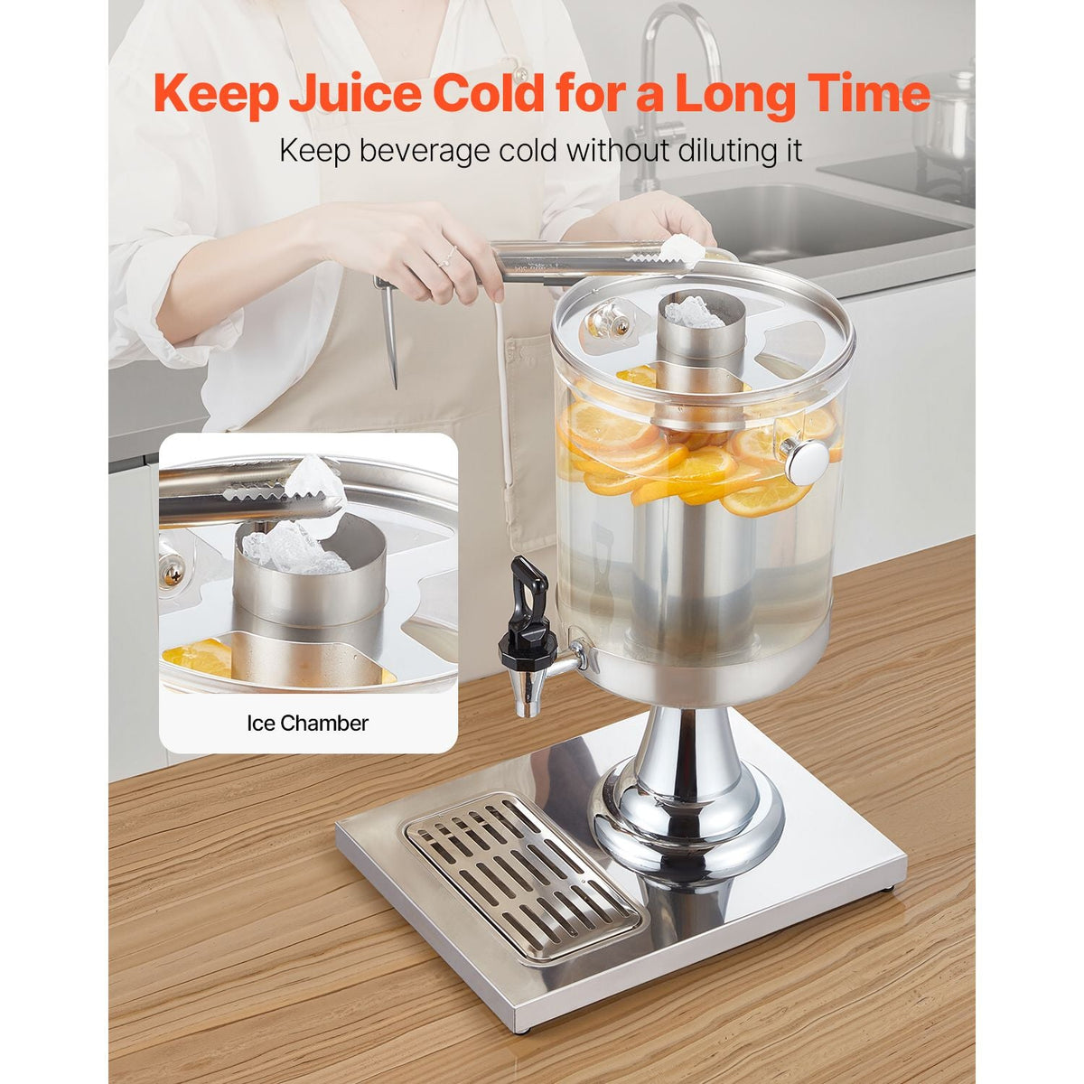 Beverage Dispenser, 2.1 Gallon Drink Dispenser for Parties, Stainless Steel + Plastic Juice Dispensers with Spigot Ice Chamber Tray, Iced Tea Lemonade Juice Dispensers, for Restaurants, Hotels