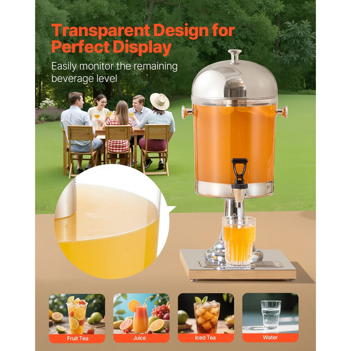 Beverage Dispenser, 2.1 Gallon Drink Dispenser for Parties, Stainless Steel + Plastic Juice Dispensers with Spigot Ice Chamber Tray, Iced Tea Lemonade Juice Dispensers, for Restaurants, Hotels