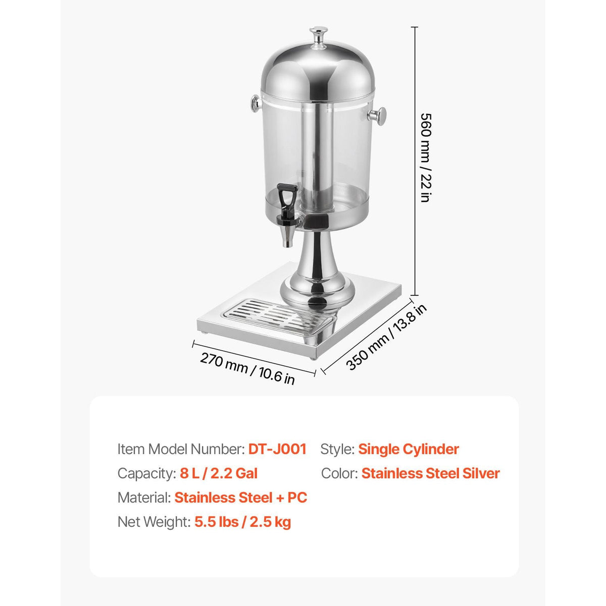 Beverage Dispenser, 2.1 Gallon Drink Dispenser for Parties, Stainless Steel + Plastic Juice Dispensers with Spigot Ice Chamber Tray, Iced Tea Lemonade Juice Dispensers, for Restaurants, Hotels