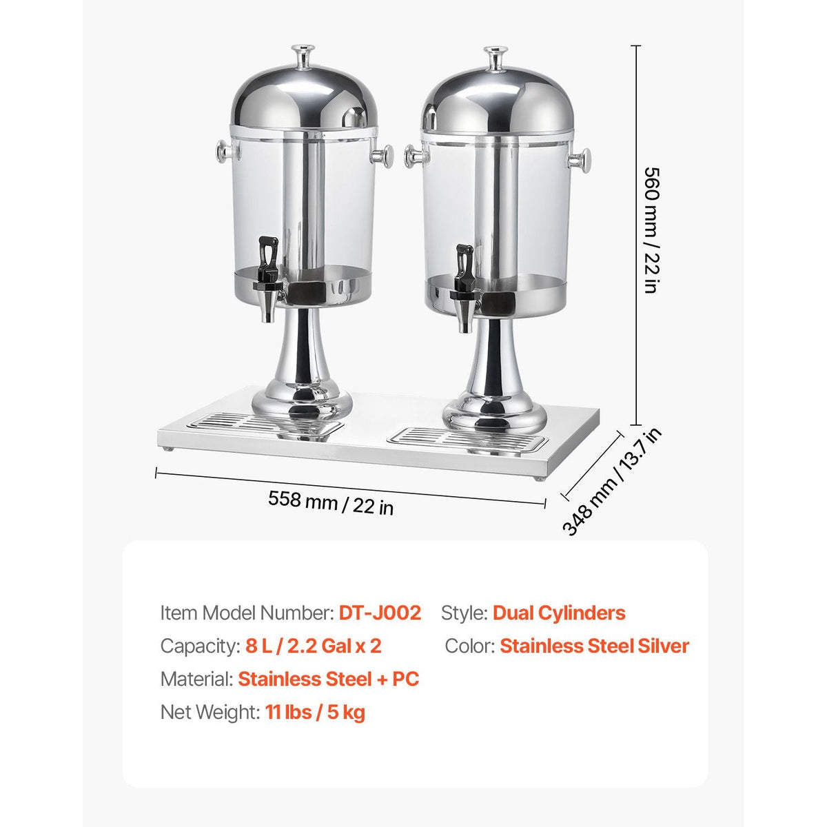 Beverage Dispenser, 2.1 Gallon x 2 Drink Dispenser for Parties, Stainless Steel + Plastic Juice Dispensers with Spigot Ice Chamber Tray, Iced Tea Lemonade Dispensers, for Restaurants, Hotels
