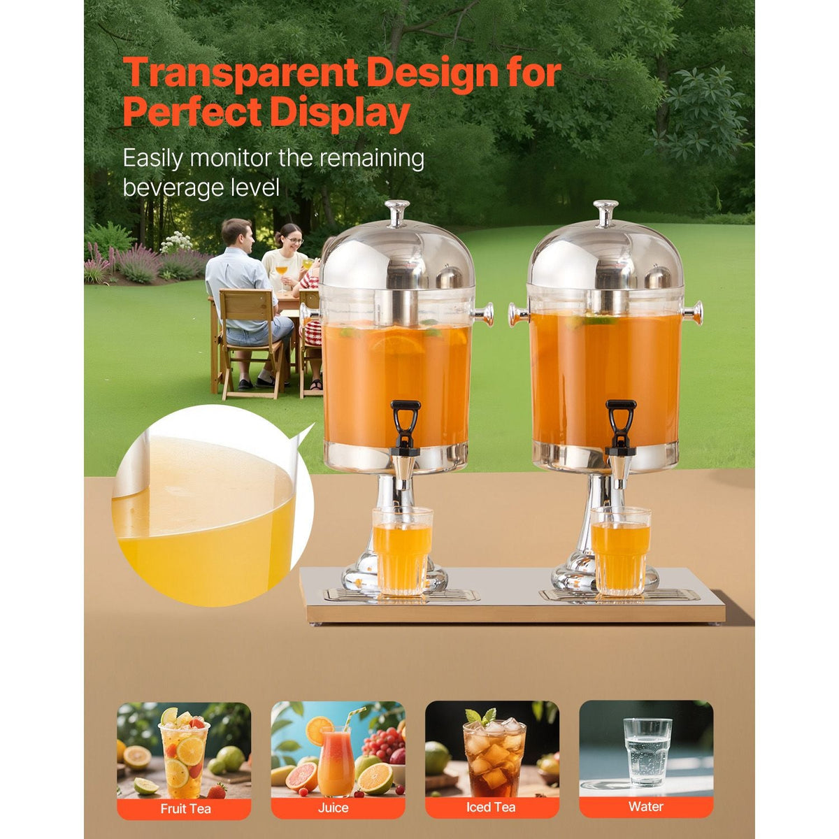 Beverage Dispenser, 2.1 Gallon x 2 Drink Dispenser for Parties, Stainless Steel + Plastic Juice Dispensers with Spigot Ice Chamber Tray, Iced Tea Lemonade Dispensers, for Restaurants, Hotels