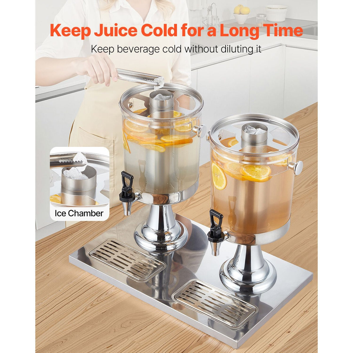 Beverage Dispenser, 2.1 Gallon x 2 Drink Dispenser for Parties, Stainless Steel + Plastic Juice Dispensers with Spigot Ice Chamber Tray, Iced Tea Lemonade Dispensers, for Restaurants, Hotels