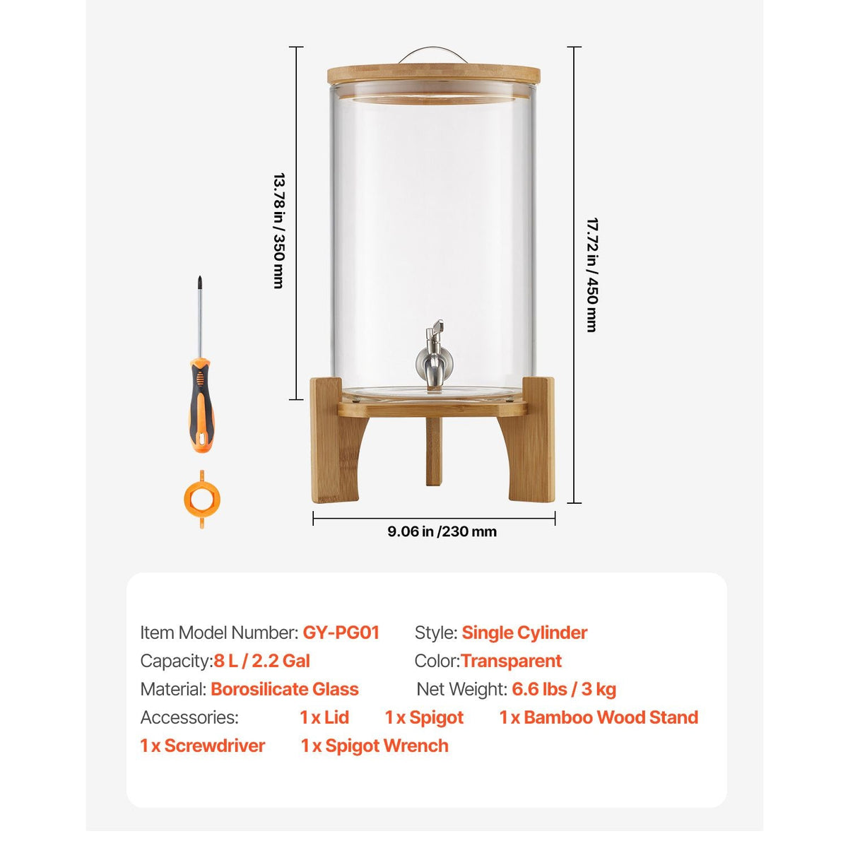 Beverage Dispenser, 2.2 Gallon Drink Dispensers for Parties, Glass Juice Dispenser with Wood Stand, Stainless Steel Spigot, Iced Tea Lemonade Juice Water Dispensers for Parties