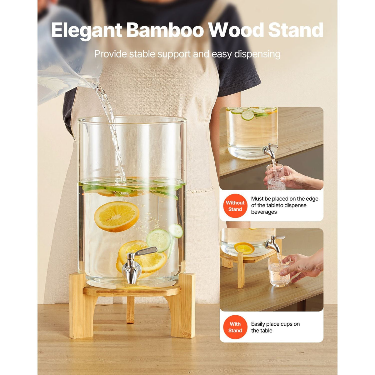 Beverage Dispenser, 2.2 Gallon Drink Dispensers for Parties, Glass Juice Dispenser with Wood Stand, Stainless Steel Spigot, Iced Tea Lemonade Juice Water Dispensers for Parties