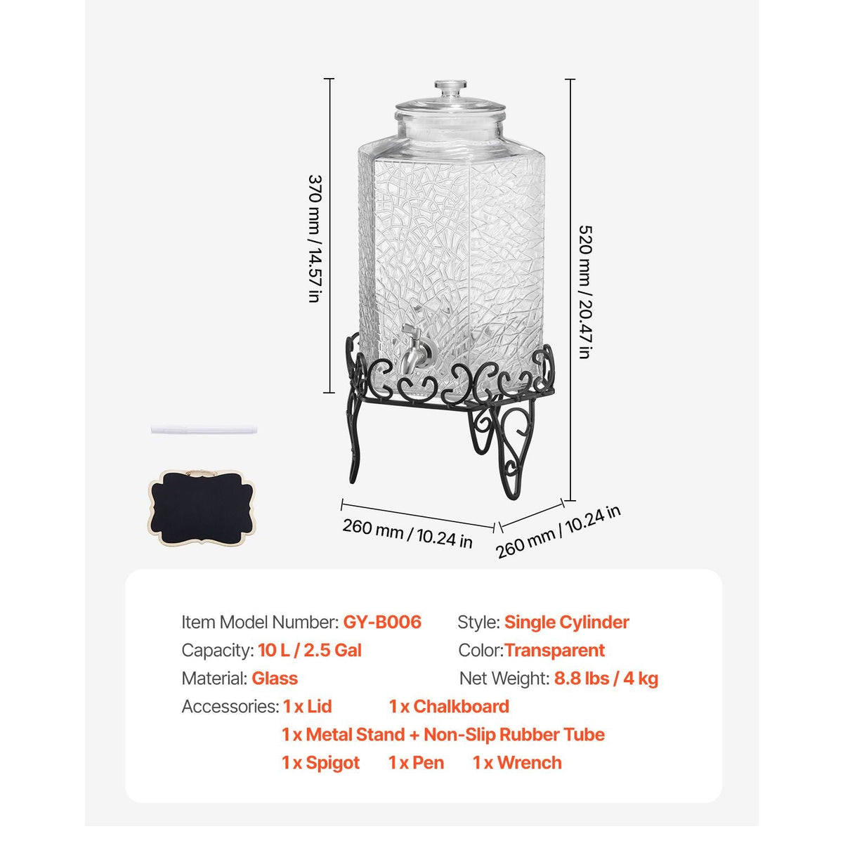 Beverage Dispenser, 2.5 Gallon Drink Dispensers for Parties, Glass Juice Dispenser with Metal Stand, Stainless Steel Spigot, Iced Tea Lemonade Juice Water Dispensers for Parties