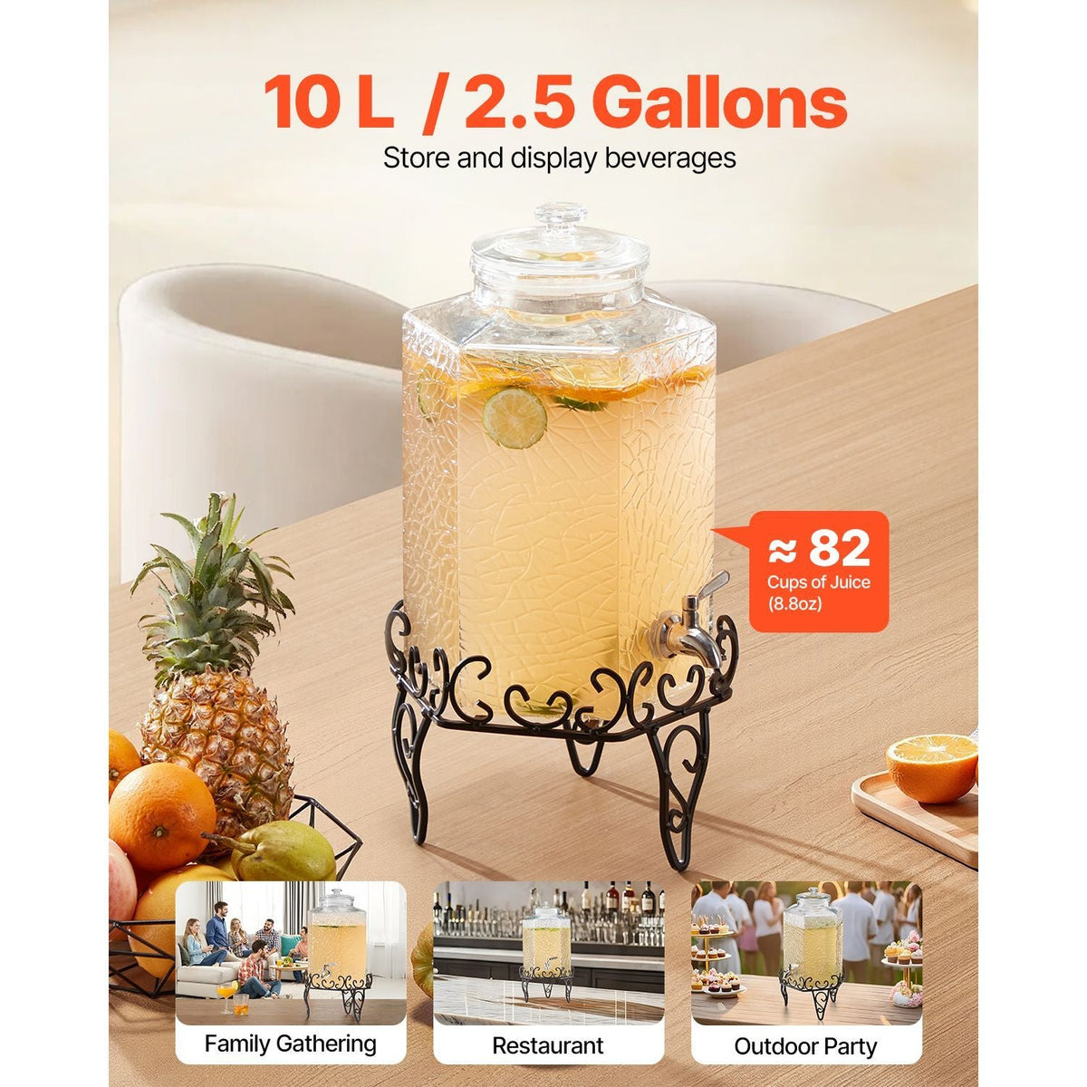 Beverage Dispenser, 2.5 Gallon Drink Dispensers for Parties, Glass Juice Dispenser with Metal Stand, Stainless Steel Spigot, Iced Tea Lemonade Juice Water Dispensers for Parties