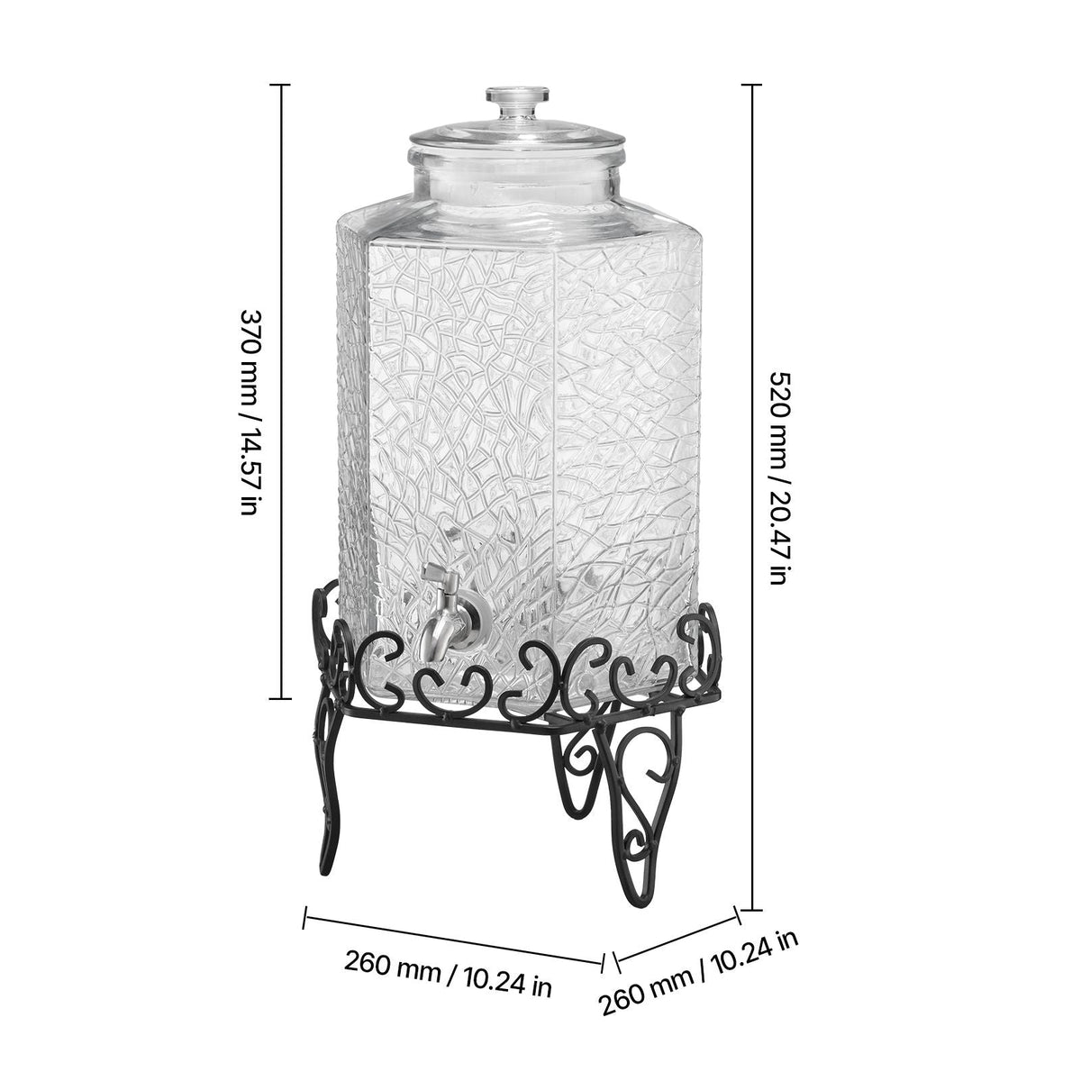 Beverage Dispenser, 2.5 Gallon Drink Dispensers for Parties, Glass Juice Dispenser with Metal Stand, Stainless Steel Spigot, Iced Tea Lemonade Juice Water Dispensers for Parties
