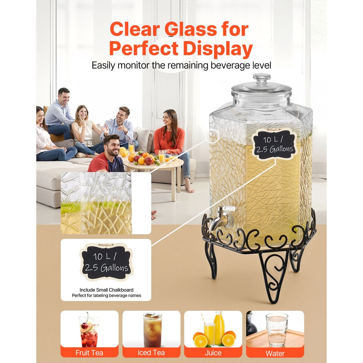 Beverage Dispenser, 2.5 Gallon Drink Dispensers for Parties, Glass Juice Dispenser with Metal Stand, Stainless Steel Spigot, Iced Tea Lemonade Juice Water Dispensers for Parties
