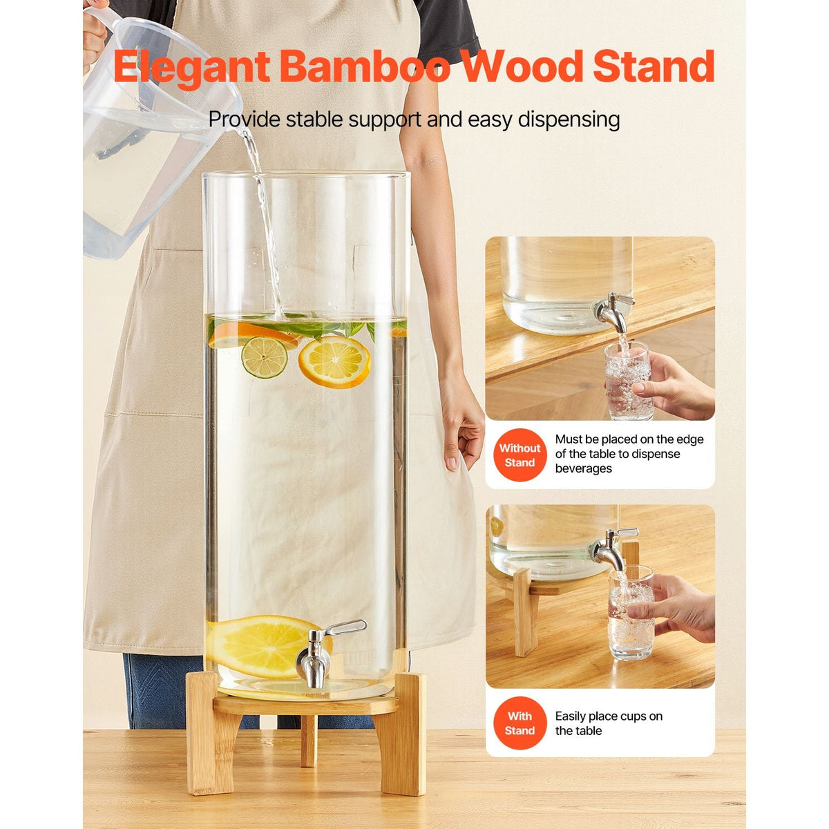 Beverage Dispenser, 3.5 Gallon Drink Dispensers for Parties, Glass Juice Dispenser with Wood Stand, Stainless Steel Spigot, Iced Tea Lemonade Juice Water Dispensers for Parties