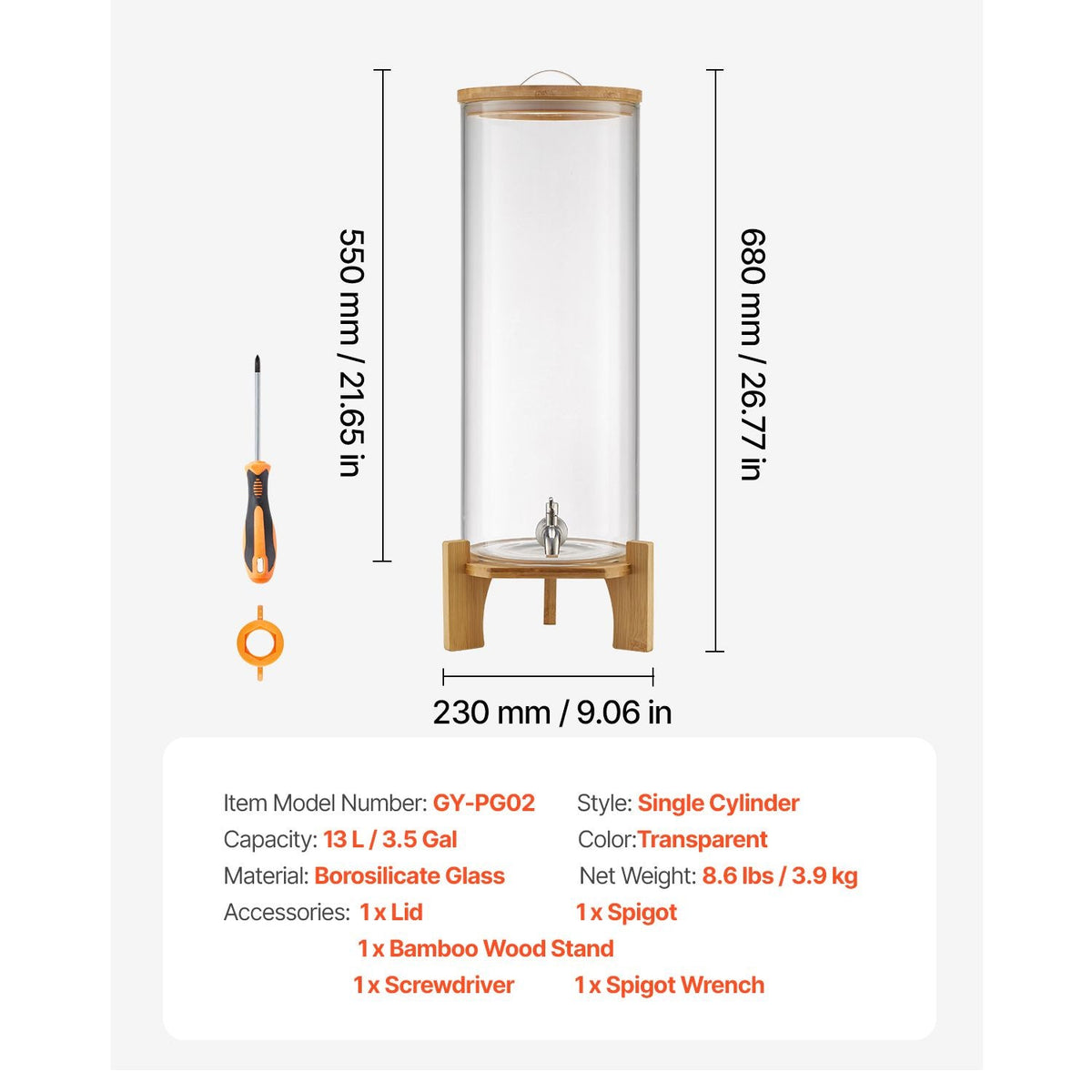 Beverage Dispenser, 3.5 Gallon Drink Dispensers for Parties, Glass Juice Dispenser with Wood Stand, Stainless Steel Spigot, Iced Tea Lemonade Juice Water Dispensers for Parties