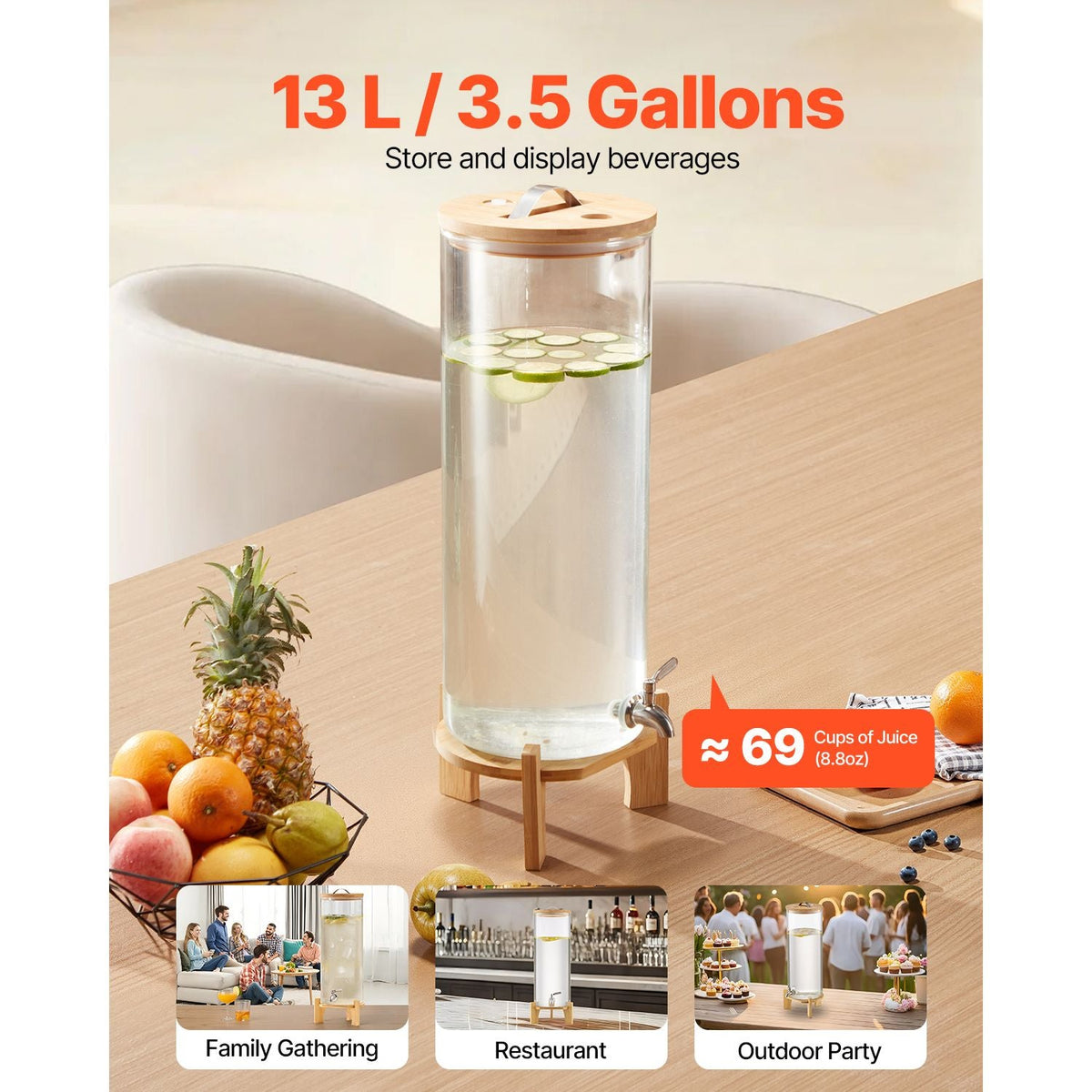 Beverage Dispenser, 3.5 Gallon Drink Dispensers for Parties, Glass Juice Dispenser with Wood Stand, Stainless Steel Spigot, Iced Tea Lemonade Juice Water Dispensers for Parties