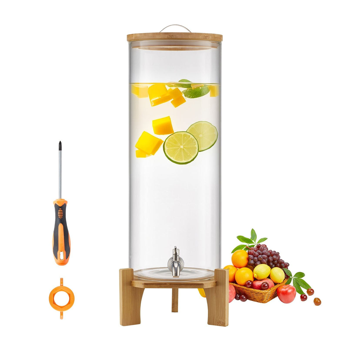 Beverage Dispenser, 3.5 Gallon Drink Dispensers for Parties, Glass Juice Dispenser with Wood Stand, Stainless Steel Spigot, Iced Tea Lemonade Juice Water Dispensers for Parties