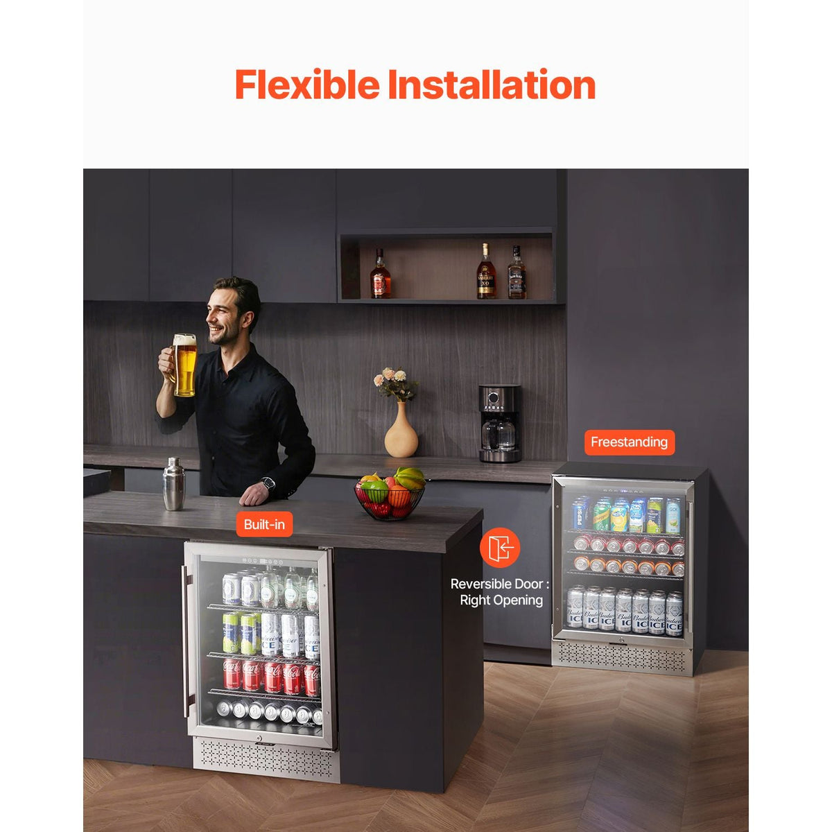 Beverage Refrigerator Cooler, 154 Can Beverage Fridge, Mini Fridge with Glass Door, Adjustable Shelves, Digital Temperature Control, Built-in & Freestanding Soda Beer Fridge for Home Office Bar