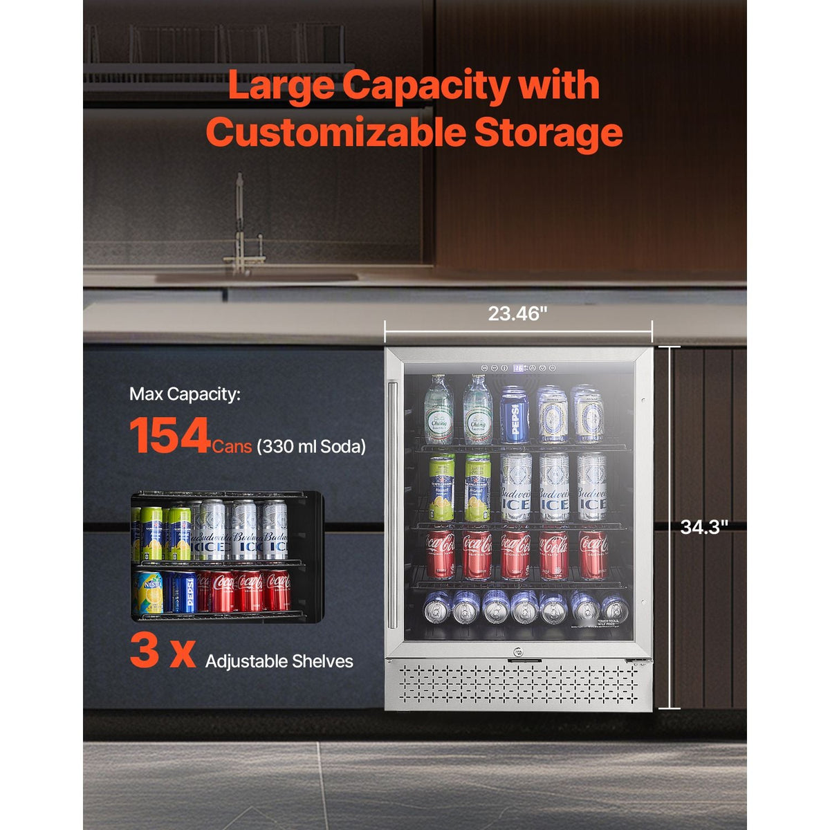 Beverage Refrigerator Cooler, 154 Can Beverage Fridge, Mini Fridge with Glass Door, Adjustable Shelves, Digital Temperature Control, Built-in & Freestanding Soda Beer Fridge for Home Office Bar