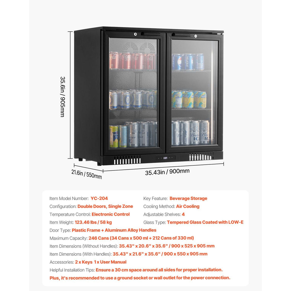 Beverage Refrigerator Cooler, 246 Can Beverage Fridge, Soda Beer Fridge with Glass Doors, Adjustable Shelves, Digital Temperature Control, Built-in or Freestanding Fridge for Restaurant & Bar