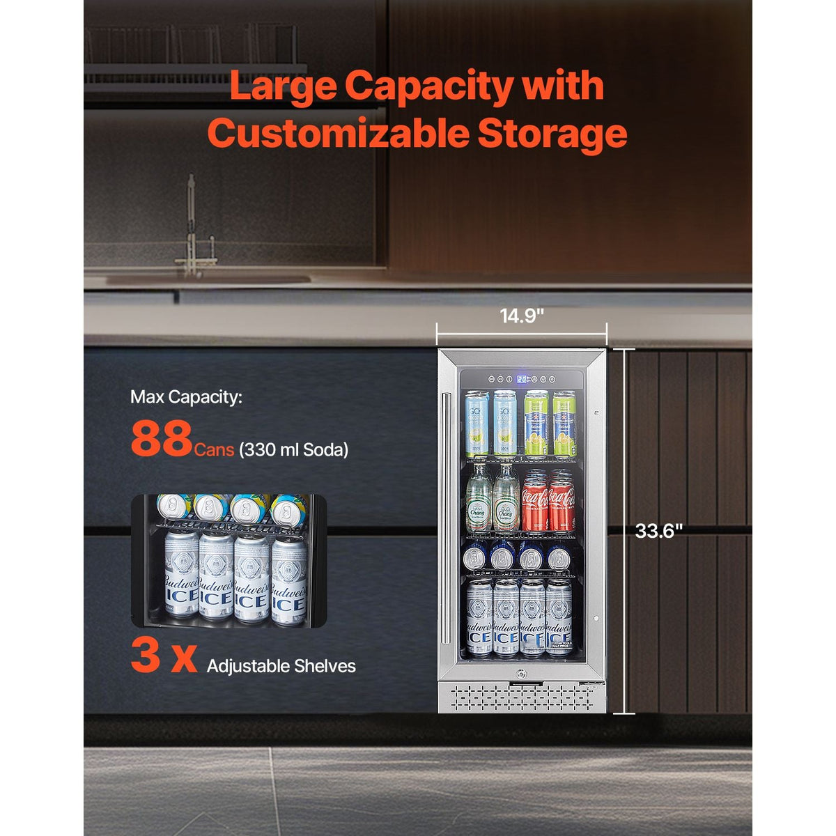 Beverage Refrigerator Cooler, 88 Can Beverage Fridge, Mini Fridge with Glass Door, Adjustable Shelves, Digital Temperature Control, Built-in or Freestanding Soda Beer Fridge for Home Office Bar