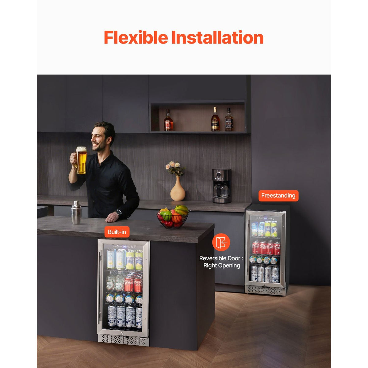 Beverage Refrigerator Cooler, 88 Can Beverage Fridge, Mini Fridge with Glass Door, Adjustable Shelves, Digital Temperature Control, Built-in or Freestanding Soda Beer Fridge for Home Office Bar