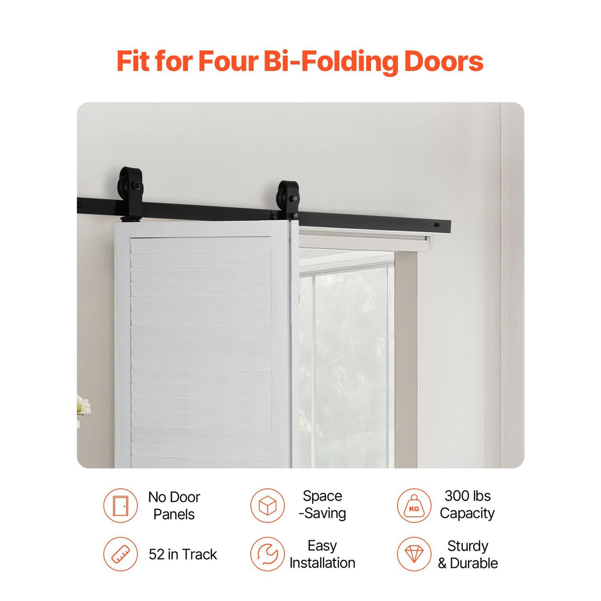 Bi-Folding Sliding Barn Door Hardware Track Kit, 52" Top Mount Track Kit, Slide Smoothly & Quietly, Heavy Duty, Easy to Install, Suitable for Two 24" Closet Pantry Laundry Doors (Not Included)