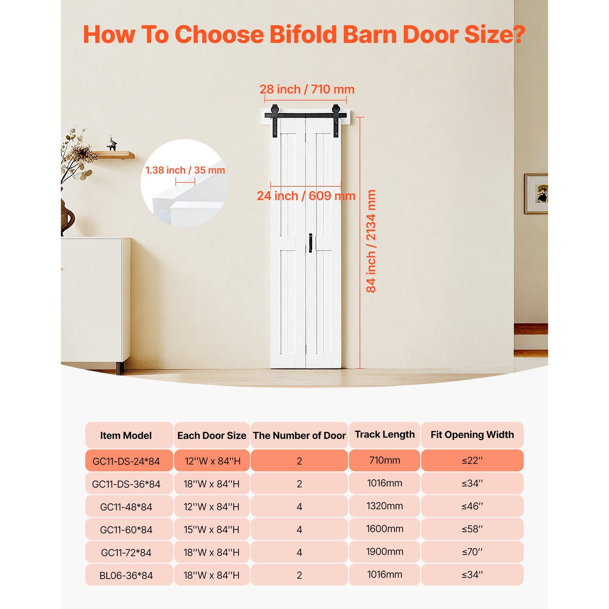 Bifold Barn Door, 24" x 84", MDF Bi-Fold Sliding Closet Doors, Hardware Kit Included, H-Frame Space-Saving Design, Need to Assemble, for Bedroom, Living Room, Wardrobe and Room Divider, White