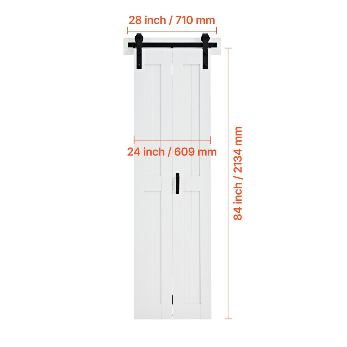 Bifold Barn Door, 24" x 84", MDF Bi-Fold Sliding Closet Doors, Hardware Kit Included, H-Frame Space-Saving Design, Need to Assemble, for Bedroom, Living Room, Wardrobe and Room Divider, White