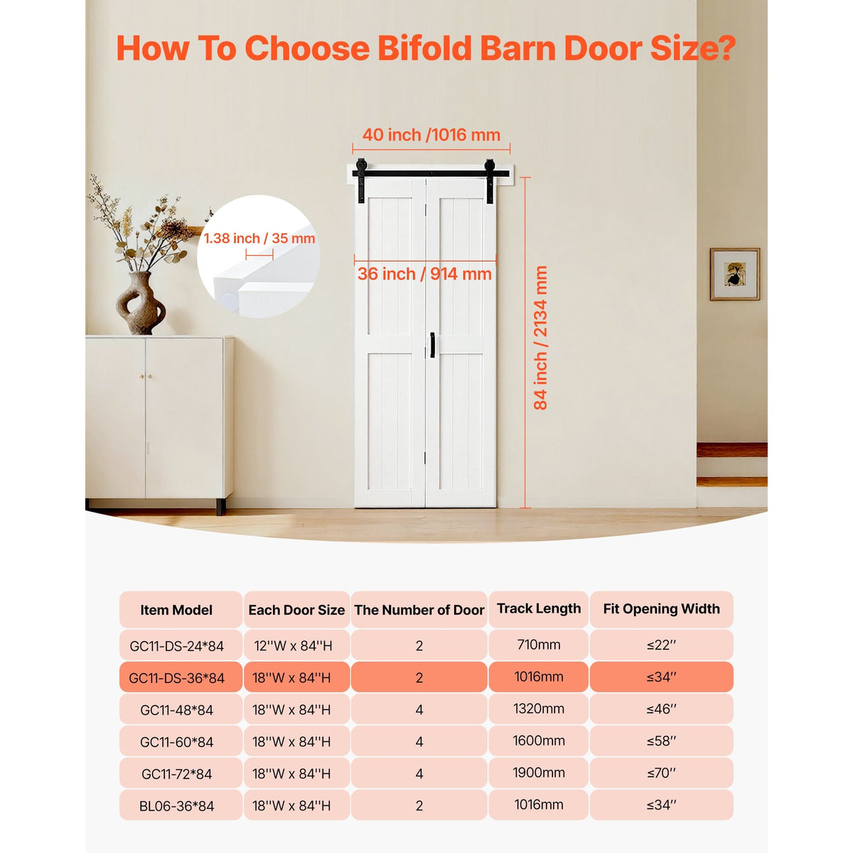 Bifold Barn Door, 36" x 84", MDF Bi-Fold Sliding Closet Doors, Hardware Kit Included, H-Frame Space-Saving Design, Need to Assemble, for Bedroom, Living Room, Wardrobe and Room Divider, White