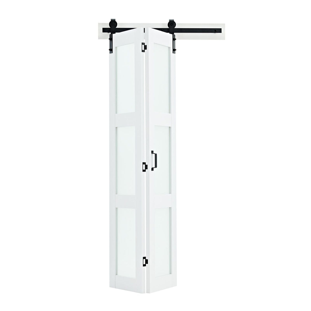 Bifold Barn Door, 36" x 84", MDF with Tempered Glass Bi-Fold Sliding Closet Doors, Hardware Kit Included, Space-Saving Design, Pre-Assembled Panels for Bedroom, Living Room, Wardrobe, White